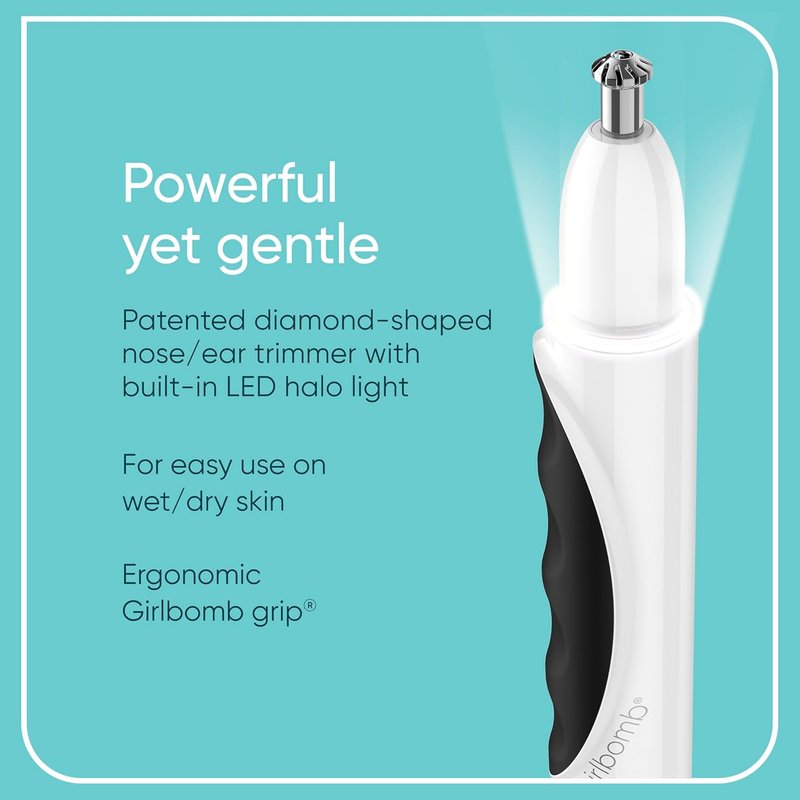 Conair GIRLBOMB Nose Hair Trimmer - Battery-Operated Facial Hair Removal for Women | 360° Beveled Blade, LED Light, White