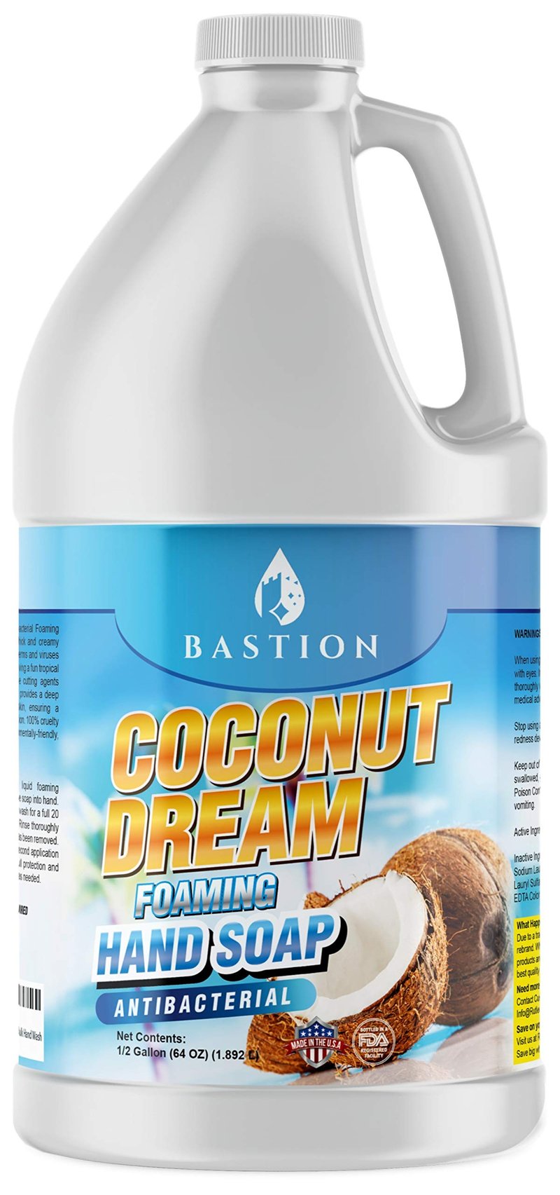 Bastion Antibacterial Foaming Hand Soap - Coconut Dream Hand Wash - Bulk 1/2 Gallon (64 oz) Refill Jug. Coconut Dream Scented. Non-toxic. Made in the USA.(Foaming Dispenser Required)
