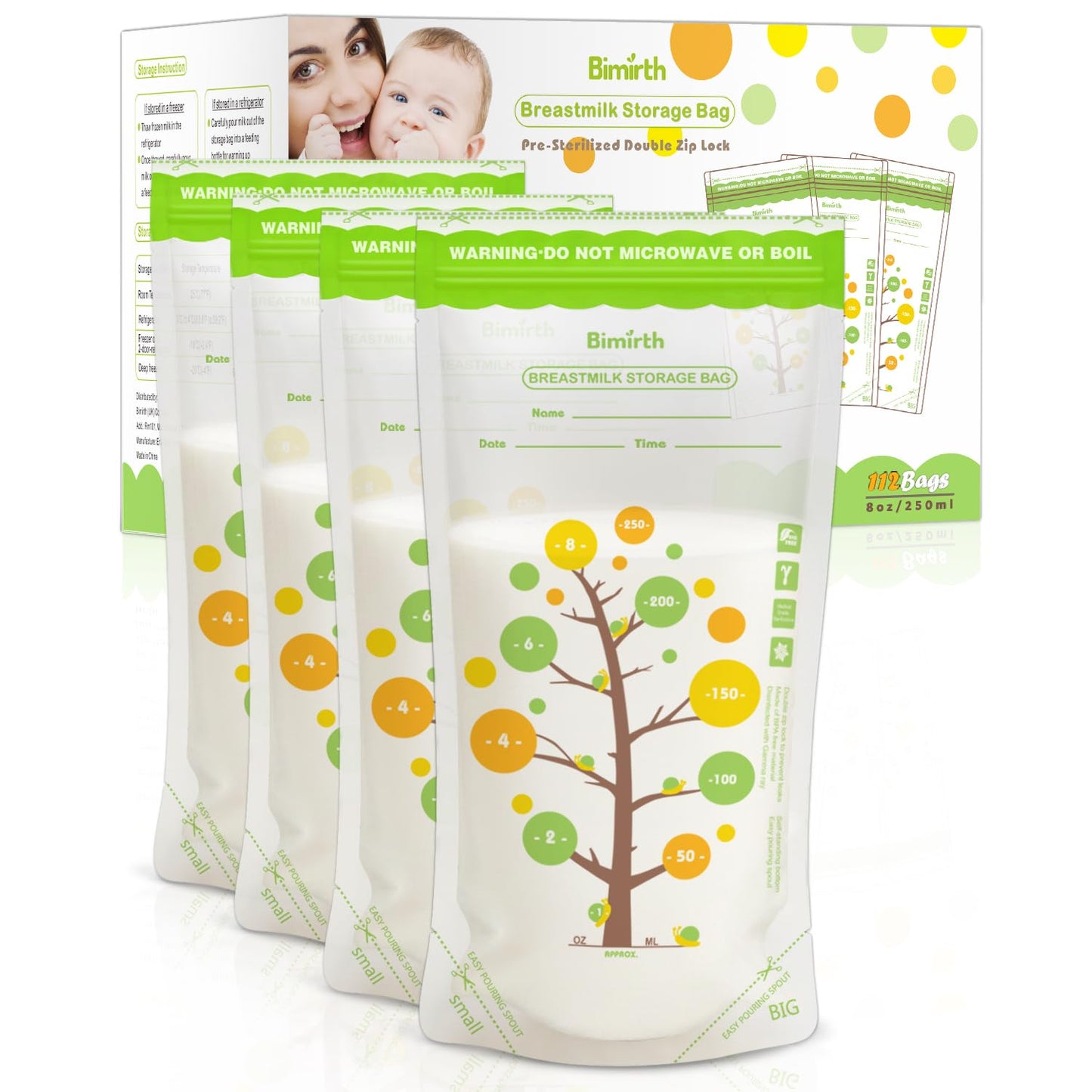 112 Count Breast Milk Storage Bags for Freezer, 8oz BPA-Free Breastmilk Bags, Double Zipper Leak-Resistant & Self-Standing, Thick Durable Milk Storage Bags – Bimirth