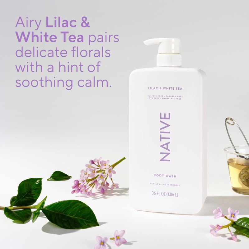 Native Body Wash for Women & Men, Lilac & White Tea, 36 oz Pump Bottle, Sulfate-Free & Gentle