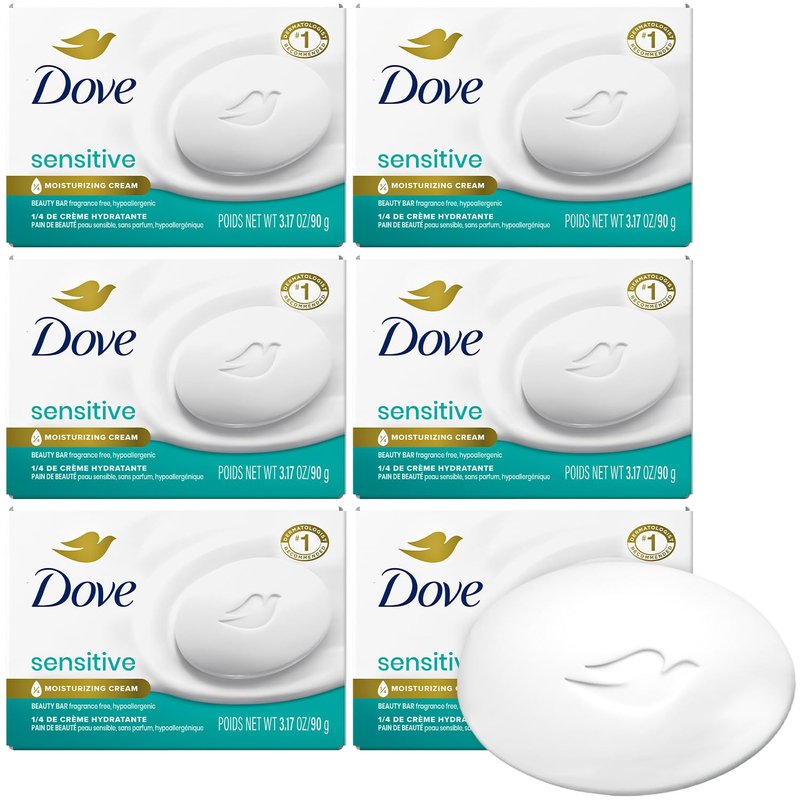 Dove Beauty Bar, Bulk Soap, Fragrance-Free, Sensitive 6-Pack with ¼ Moisturizing Cream for Soft, Smooth Skin, 3.17 Oz Ea