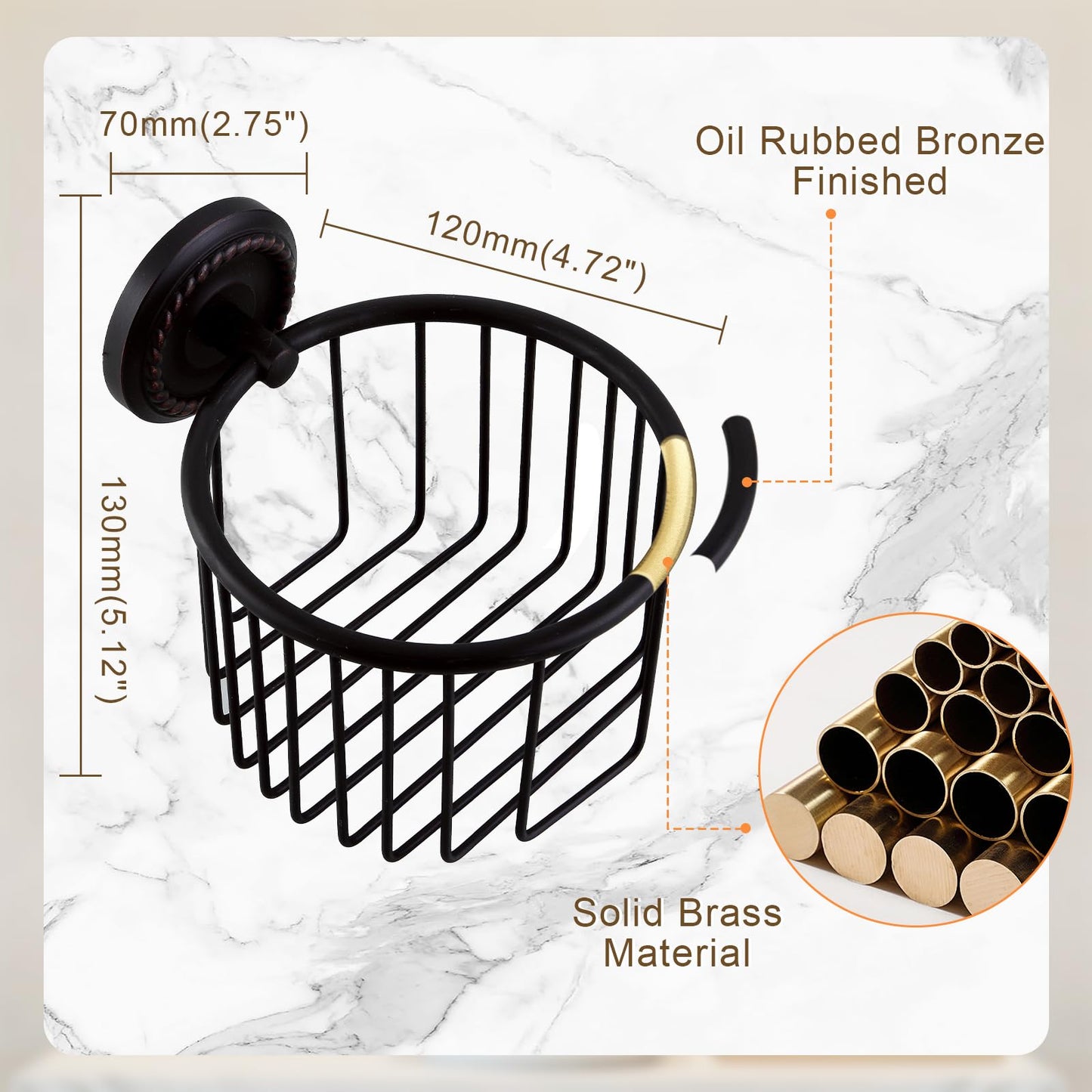 Vintage Wall-Mounted Toilet Paper Holder with Wire Basket Design, Oil-Rubbed Bronze, Wall-Mounted Bath Hand Towel Holder with Braiding Carvings, Vintage Style.