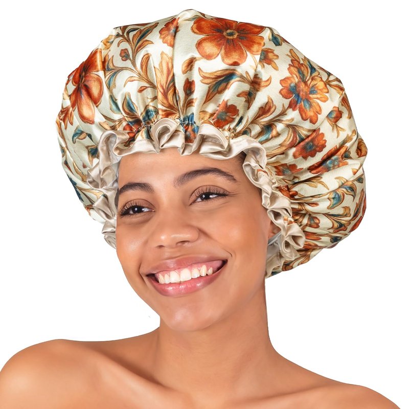 mikimini Large Shower Cap for Women Reusable Waterproof, Extra Large Hair Cap with Adjustable Elastic Band and Vibrant Floral Print, XL Bath Cap for Long Hair & Short Hair, 2 Pcs
