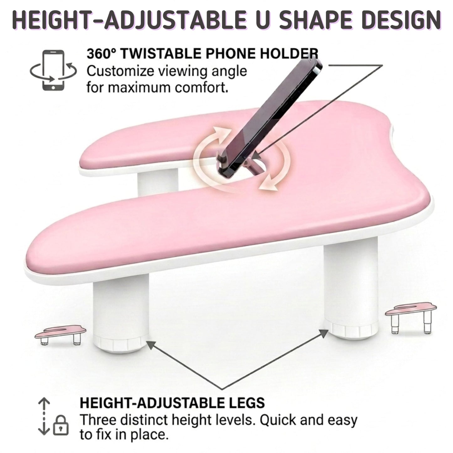 U Shaped Arm Rest for Nails Tech with Rotating Phone Holder - Adjustable Nail Arm Rest with Phone Holder - Detachable Manicure Hand Pillow for Salon or Home Use (Pink)