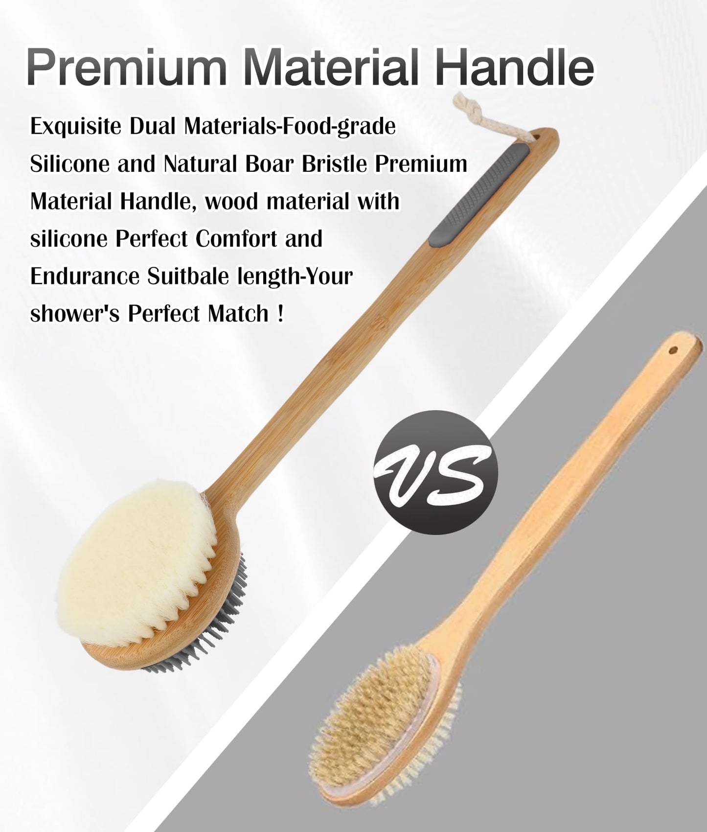 EaTubano Back Scrubber for Shower - Double-Sided Silicone and Super-Dense Bristles for Deep Cleaning & Exfoliation, Bamboo Long Handle with Wider Anti-Slip Grip, Rich Foam, Durable (Grey)
