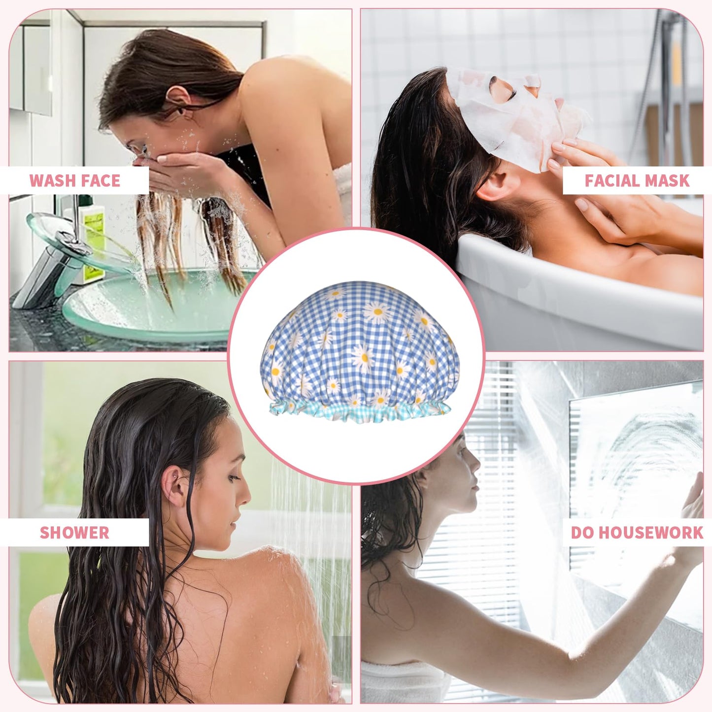 Kwlegh Blue Checkered Shower Caps for Women Daisy Flower Double Waterproof Layers Bath Hat Elastic Reusable Hair Cap for Shower Cooking Clean Makeup