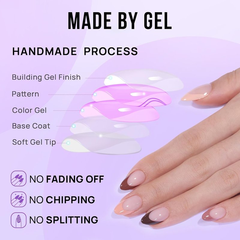Press On Nails - Short Almond French Tip Design | Reusable Gel Nail Kit with Natural Glue - 32 Pieces in Morning Coffee