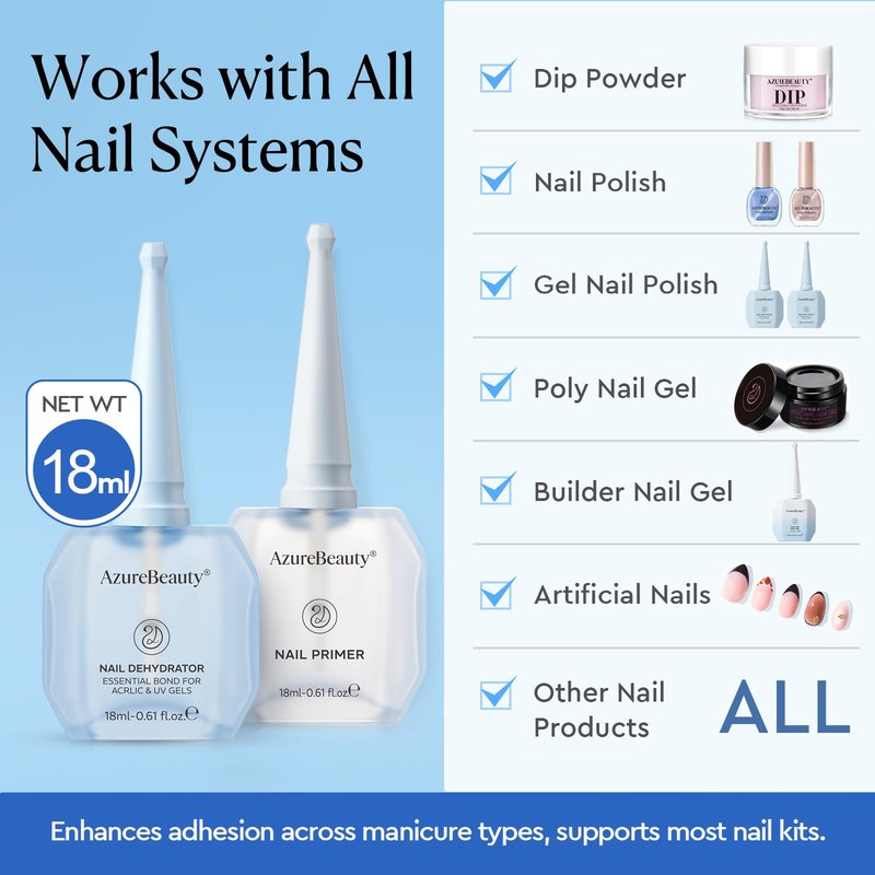 AZUREBEAUTY 18ml Nail Dehydrator and Primer, Acid-Free & Hema-Free Nail Prep Kit, No Lifting Bond for Gel Polish & Acrylic, Quick Dry Professional Natural Nail Primer for Long Lasting Manicure