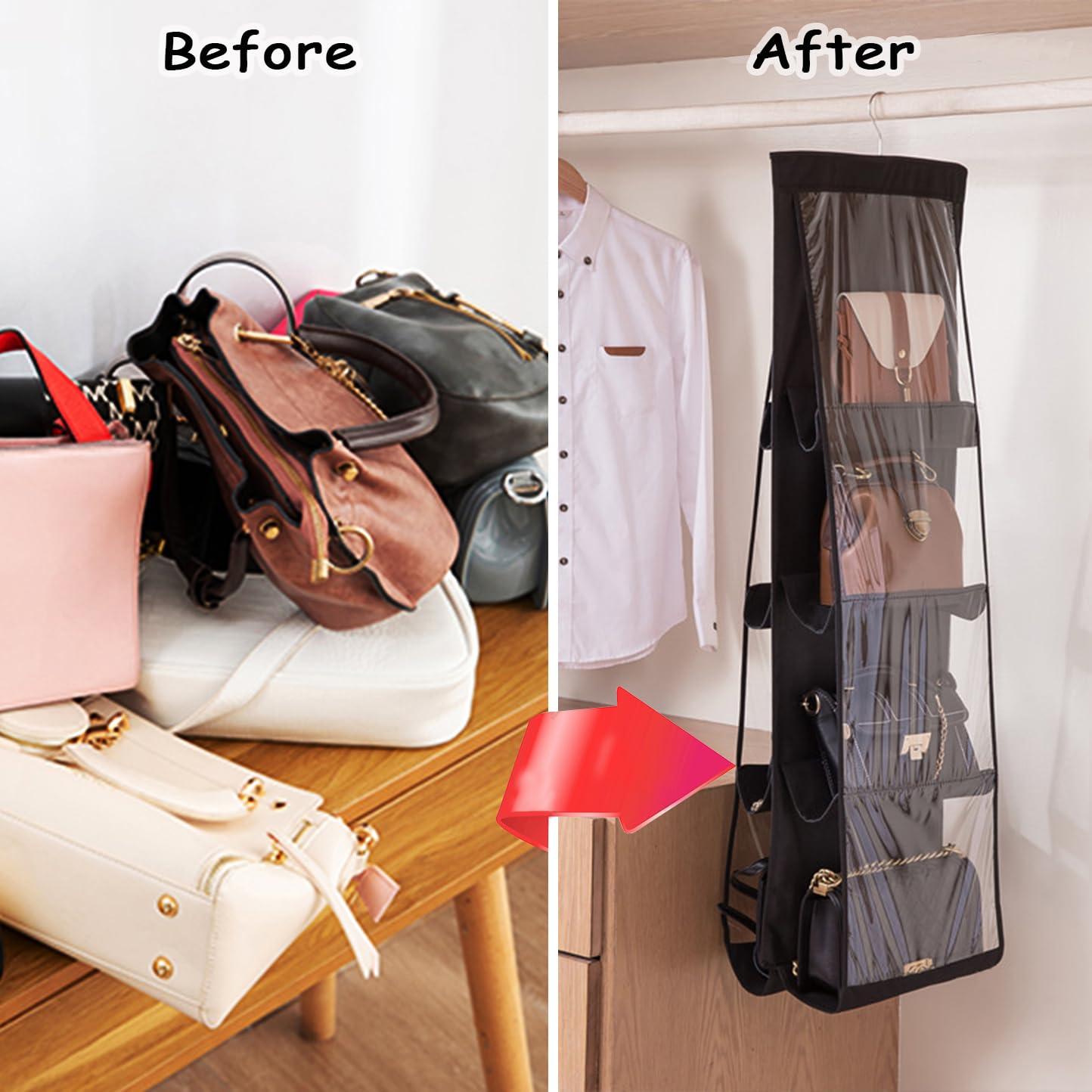 AARAINBOW 1 Pack Hanging Handbag Purse Organizer for Closet, Womens Purse Storage Organizers, Hand bag Organizer Holder, Wardrobe Purse Organizer 8 Pockets Space Saving 41 L x 13.5W (B-Black)