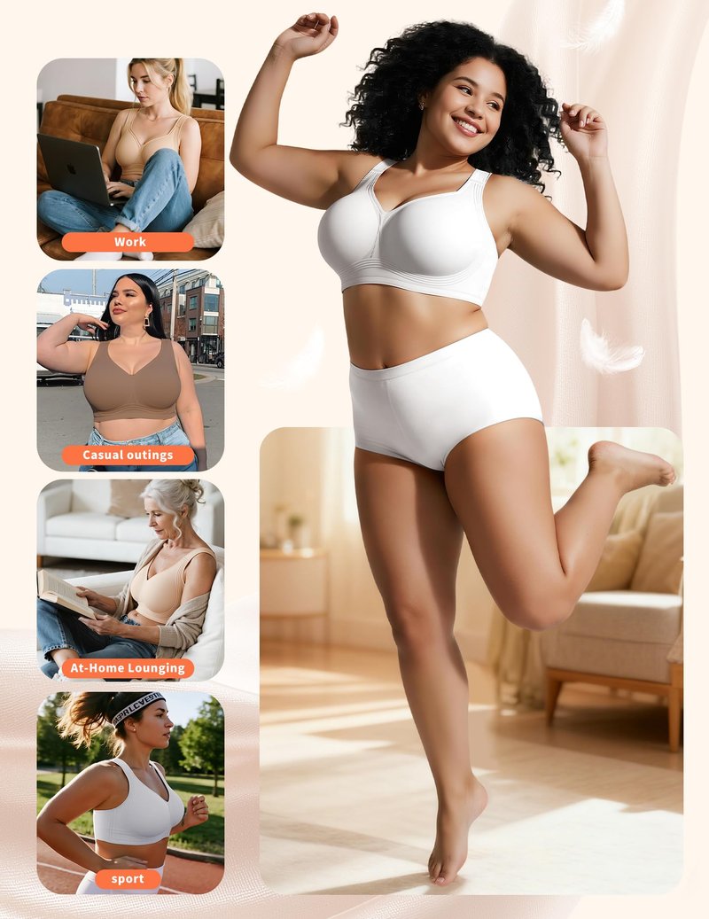 PoseFree Wireless Bras for Women Full Coverage Bra Full Support and Lift No Underwire Back Smoothing Bralette Everyday Bra (White,XL)