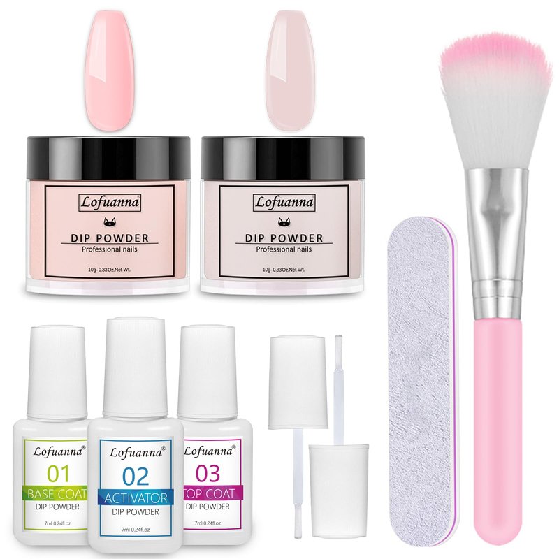 Lofuanna Dip Powder Nail Starter Kit - 2 Colors With Base Top Coat Activator, No UV/LED Needed, 9Pcs DIY French Nail Art Manicure Set for Beginners (Pink Set)