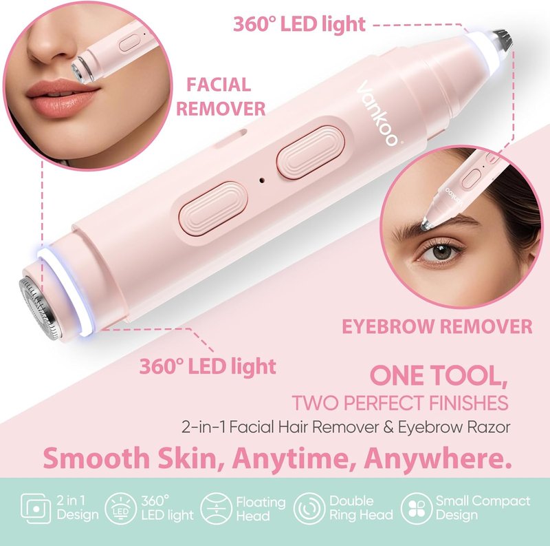Skiennix Facial Hair Remover - 2-in-1 Eyebrow & Face Trimmer with LED Light - Rechargeable & Painless Hair Removal for Flawless Skin