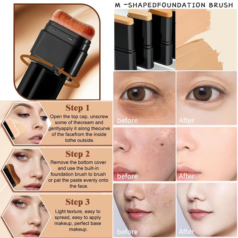 Foundation Stick,2 in 1 Dual-Ended Long-Lasting & Waterproof Concealer Korean Foundation Contour Sticks,Contouring Foundation with Brush,Full Coverage Matte Finish for Face Makeup(04WHEAT)