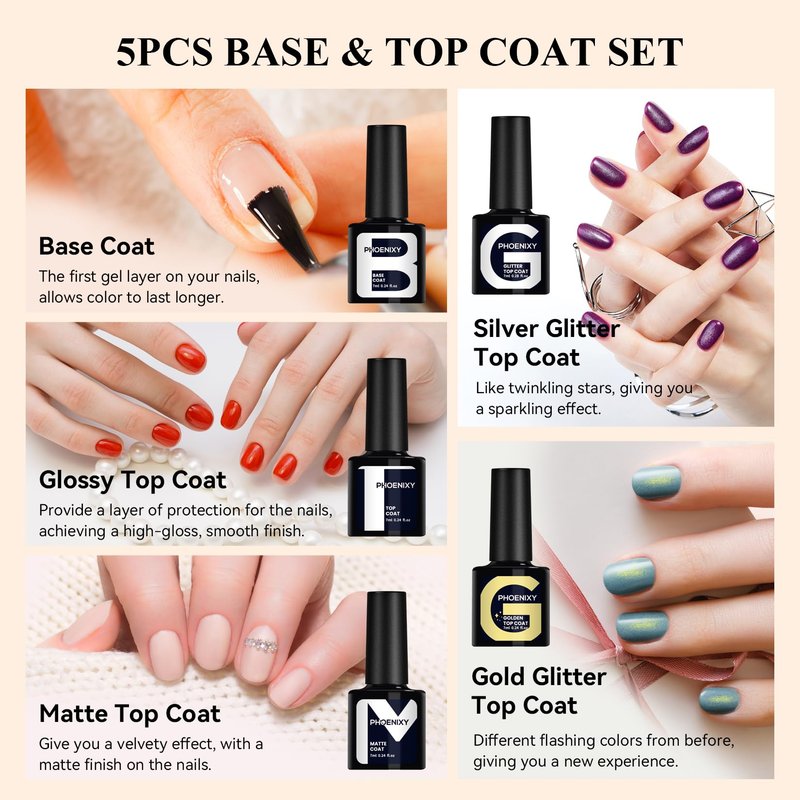 Phoenixy 30 Pcs Gel Nail Polish Set, 25 Colors Nail Polish Set with Pink Tangerine Orange Pink 5pcs Base Top Coat Nail Art Kit Gifts for Women