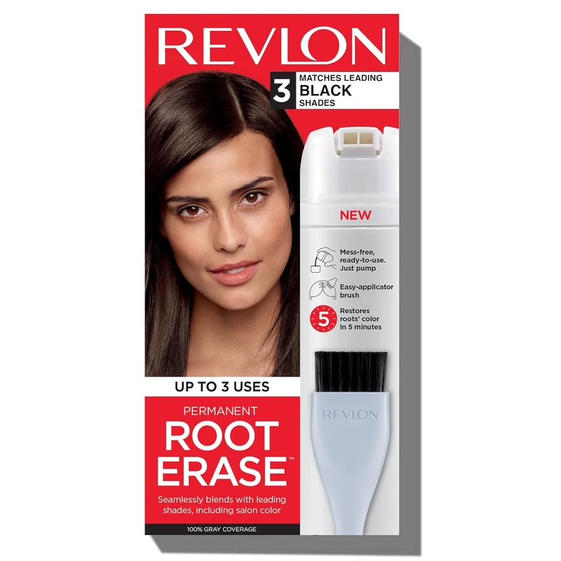 Revlon Permanent Hair Color - At-Home Root Erase Hair Dye for 100% Gray Coverage | Black (3), 3.2 Fl Oz