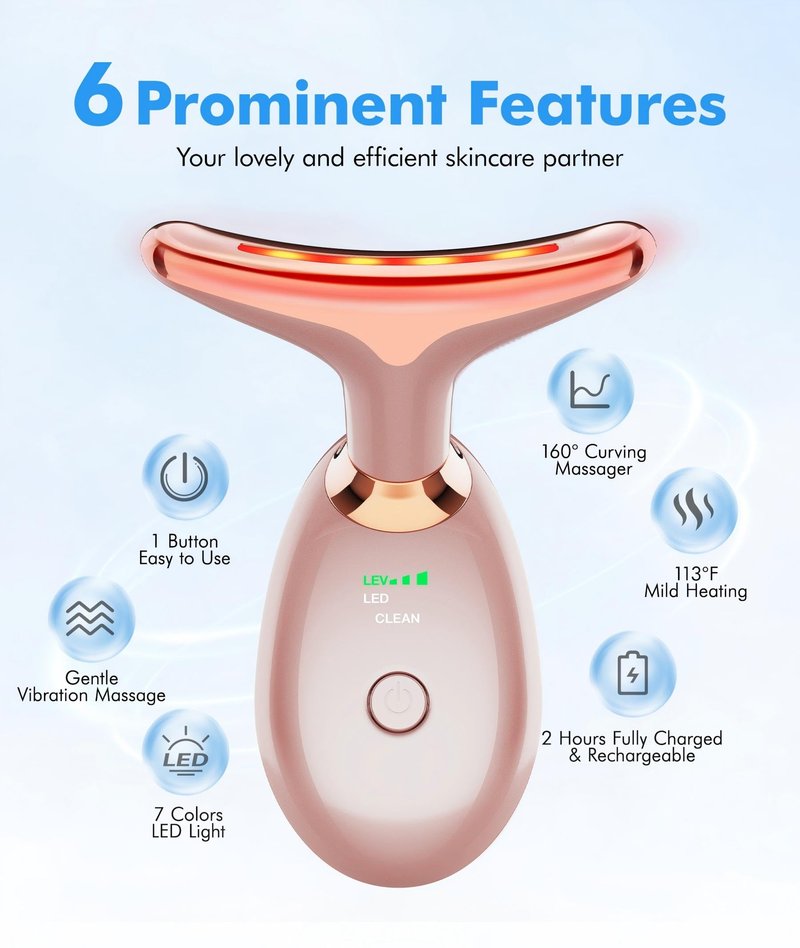 SDKWDH Red Light Therapy for Face and Neck, 7 Color Face Massager Tool for Wrinkles, Double Chin, Vibrating Facial Massager with Thermals for Skin Care, Rose Gold