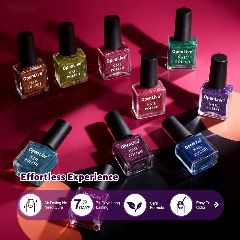 OpenLive Reflective Nail Polish 12 Colors With Base Coat and Top Coat Glitter Red Bule Purple Green Nail Polish Set Quick Dry Sparkle Winter Manicure Long Lasting for Holiday Gift Giving 5ML