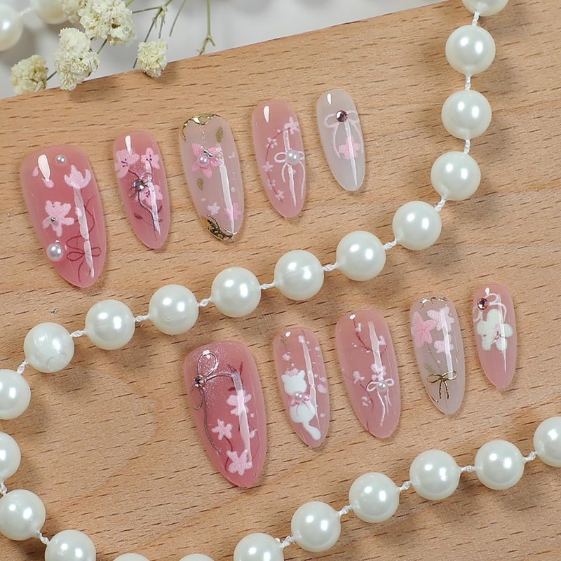 Pink Flower Press-On Nails - 30 Pcs Medium Almond with 3D Rhinestones & Gold Glitter | Spring Cat Design