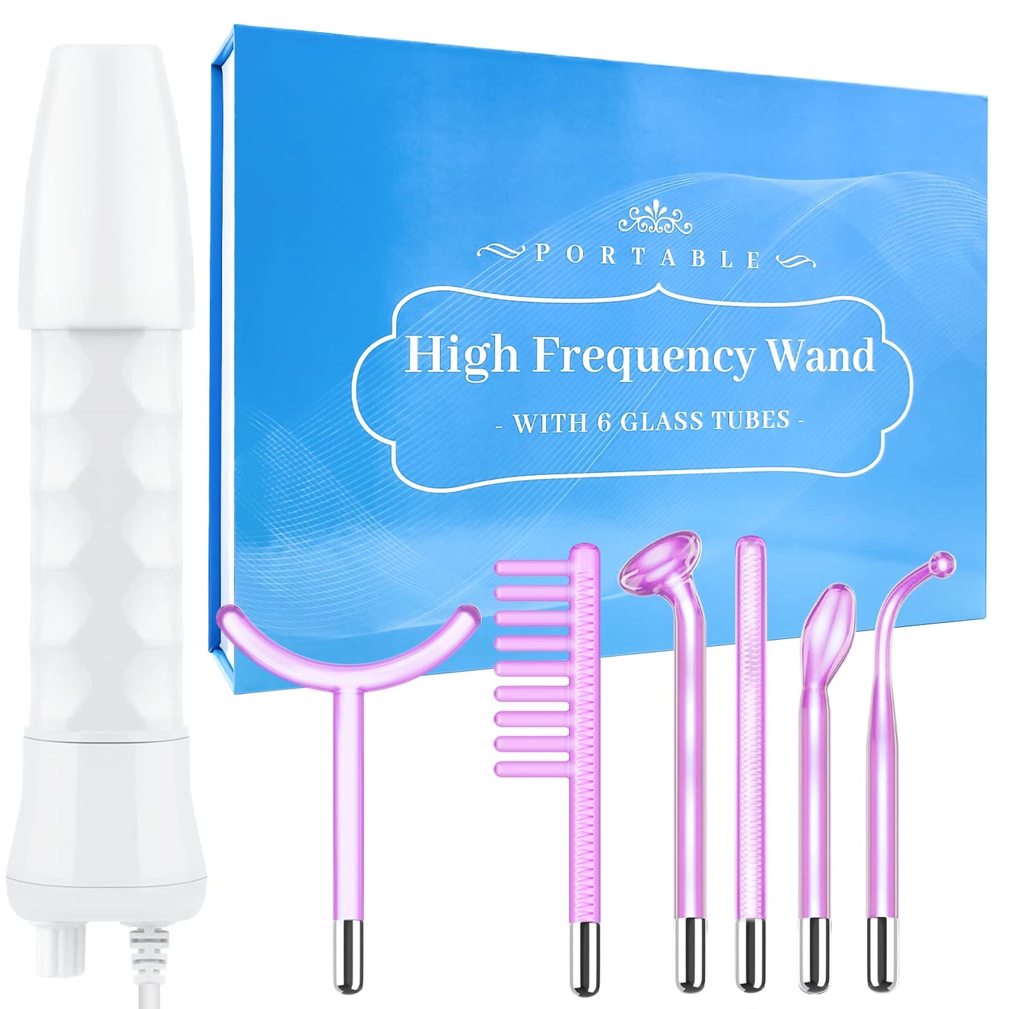Uaike High Frequency Facial Wand - 6-in-1 Portable Handheld Device with 6 Purple Glass Tubes for Skin, Neck, Body & Hair Care