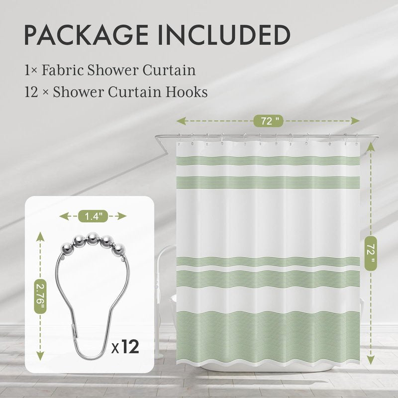 AmazerBath Shower Curtain, Washable Cloth Sage Green with 12 Shower Curtain Hooks, Fabric Green and White Striped Set, Farmhouse Bathroom Shower Curtain, 72x72 Inches