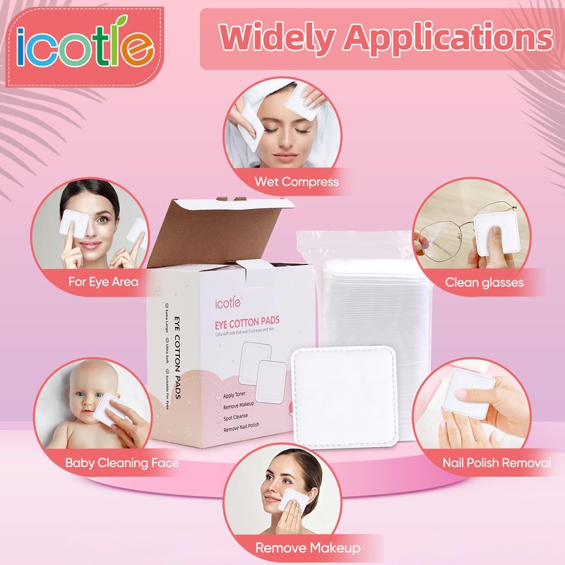 200-Count Eye Cotton Pads 100% Cotton Ultra Soft Square Cotton Pads, Spunlace Purely Physical Technology, Makeup Remover Pads for Facial Cleansing on All Skin Types