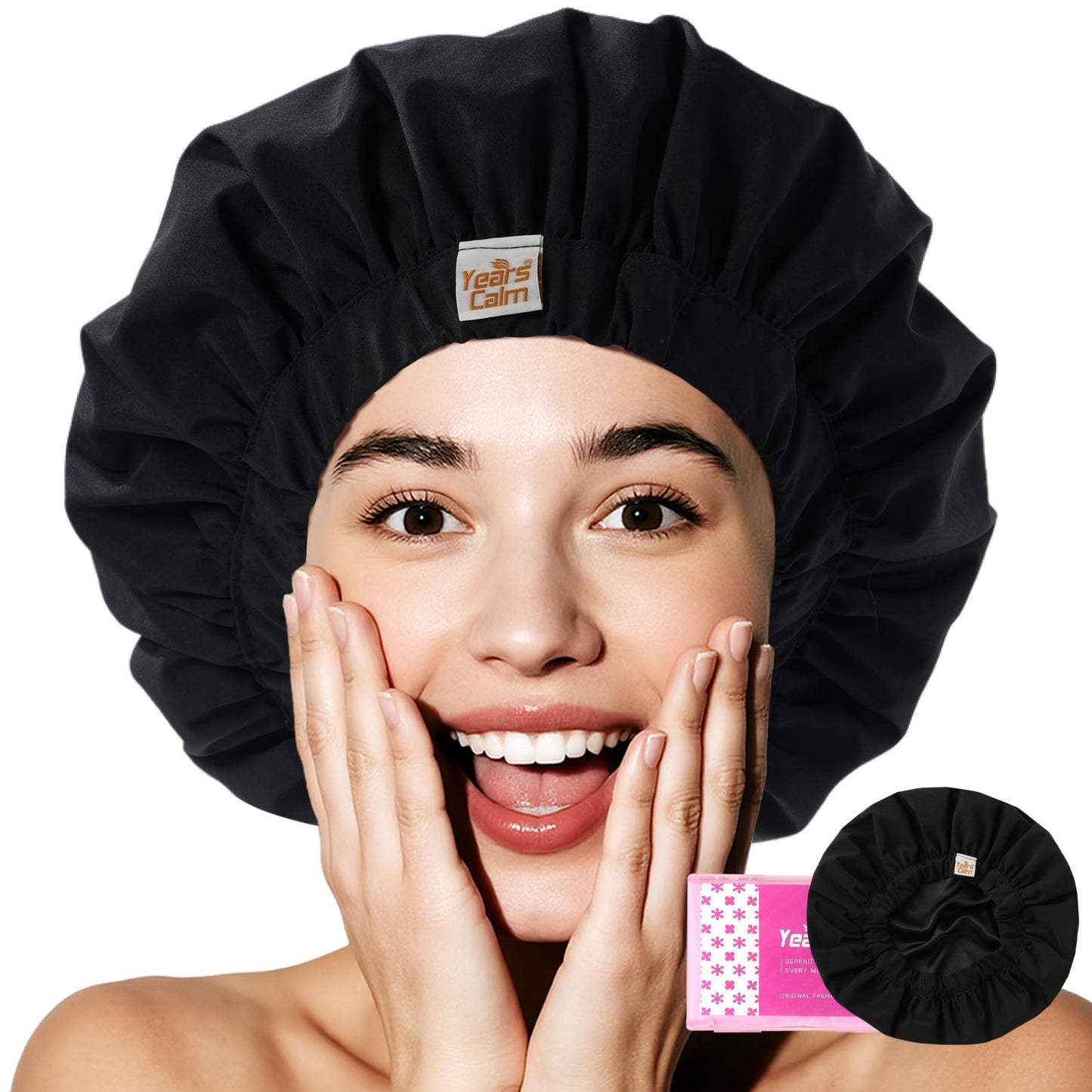 Years Calm Luxury Shower Cap for Women, Color Changing Shower Cap Reusable Waterproof, Flexi Satin Lined, Stylish Hair Cap for Shower, Washable Elastic Band Bath Cap for Long Hair, Braids (Black)