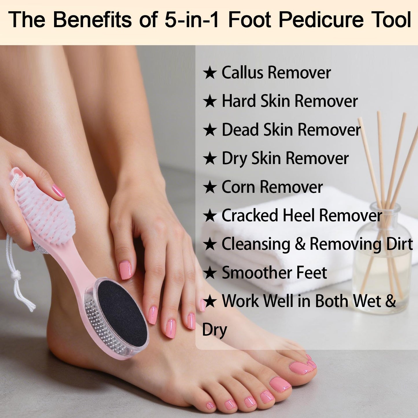 YIOYOODA Foot Scrubber Brush with Pumice Stone for Feet, 5-in-1 Foot File Callus Remover, Stainless Steel Feet Scraper, Cleaning Brush and Sand Paper Debris Catcher, Multi Purpose for Home Foot Care