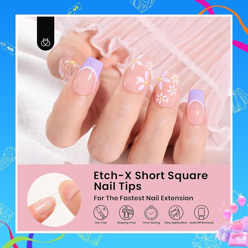Beetles Gel Nail Tips - Pre-Etched Half Matte Square Short | 288 Pcs in 12 Sizes for Easy DIY Nail Extensions