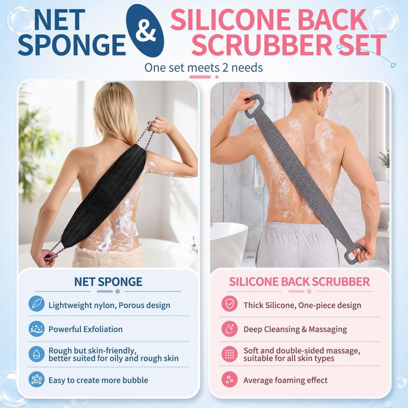 Manmihealth Silicone Back Scrubber for Shower & African Net Sponge Net Set, 36'' Dual-Sided Back Washer & African Long Bath Sponge, Extendable Long Silicone Body Brush(Gray+Black)