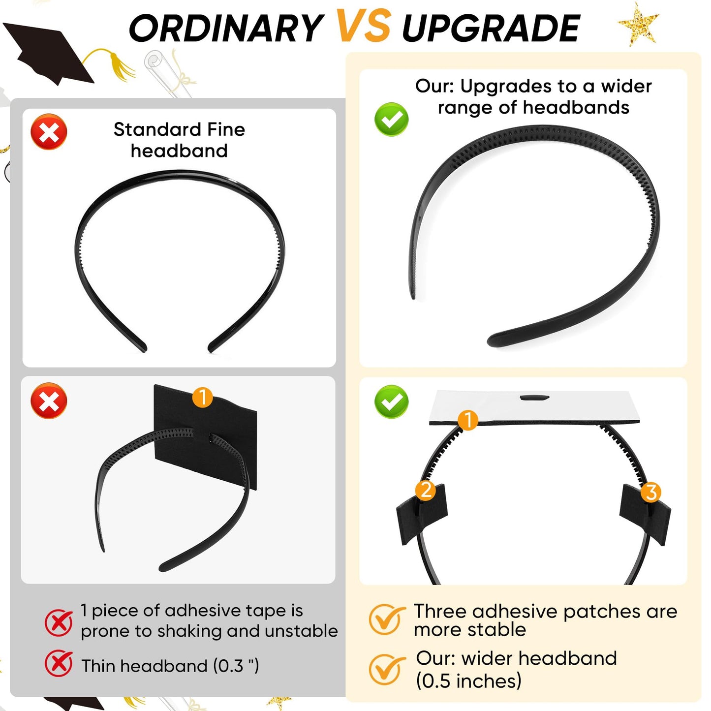 YFJOLEN 2 Pack Graduation Cap Headband, Grad Cap Hairband Insert for Perfect Graduation Hat Headband, Gift for Graduates Students Accessories Black