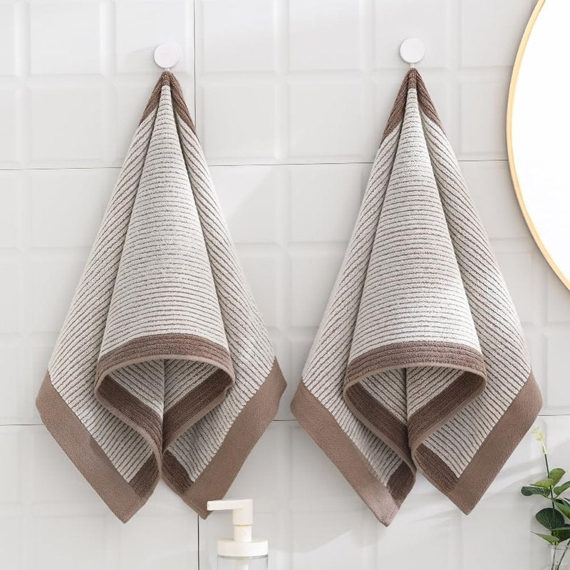 sense gnosis Beige Ribbed Striped Hand Towels Soft Absorbent Face Towels 100% Cotton Decorative Coffee Border Hand Towels for Bathroom Hotel Shower,Set of 2