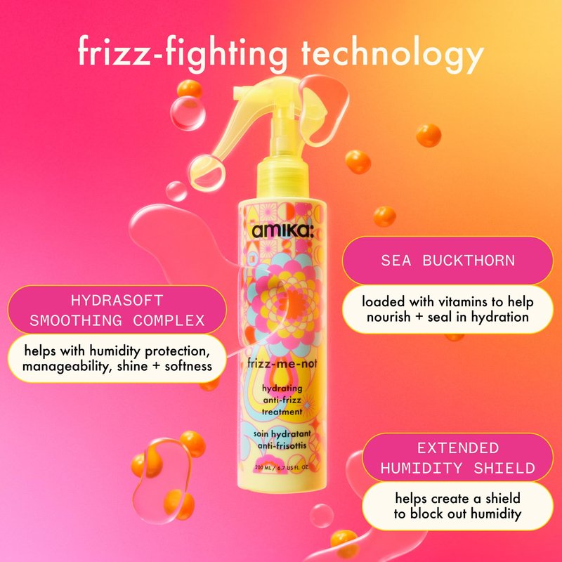 amika frizz-me-not hydrating anti-frizz treatment, 60ml | lightweight hydrating spray for medium to thick coarse hair types 2a-4c, humidity + heat protection, smooth frizz for up to 72 hours