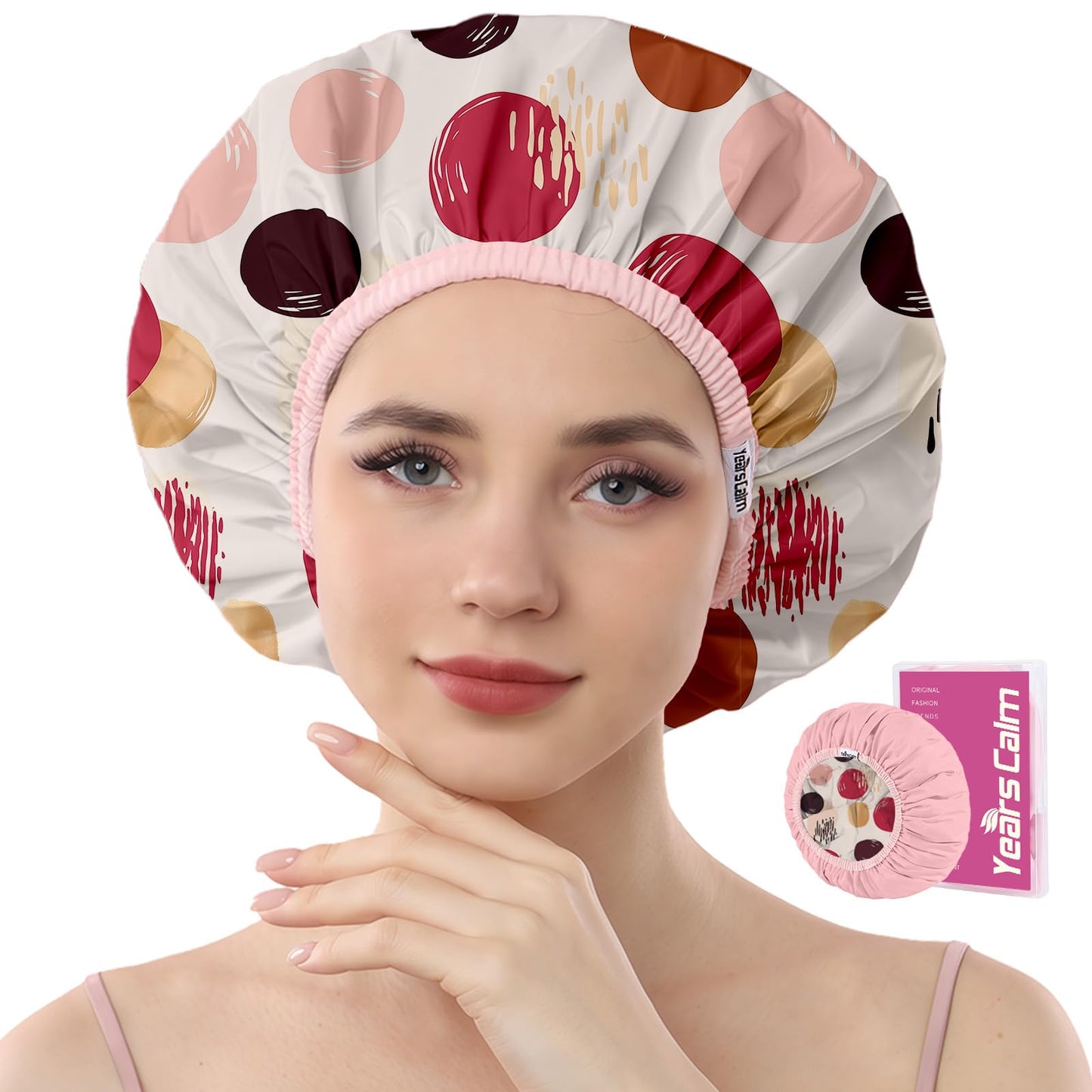 Years calm Waterproof Shower Cap for Women - Double-Layer Reusable Bath Cap with Elastic Band for Long/Short/Curly/Braids Hair, Washable & Travel-Friendly, Fit for Shower, Spa (Beige Shower Cap)