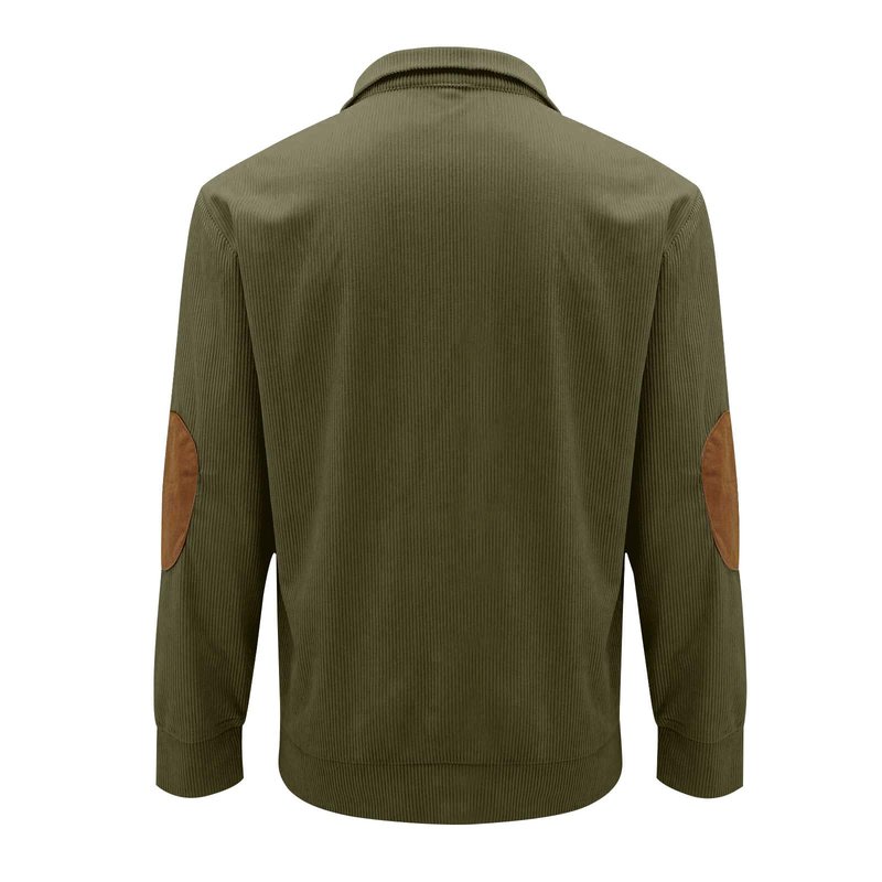 awodent Men's Corduroy Sweatshirt with Elbow Patches Lightweight Button Up Stand Collar Pullover Tops Fall Winter Trendy Long Sleeve Sweatshirts Jacket Army Green 4XL