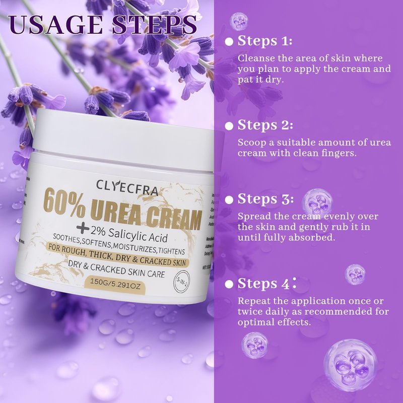 Clyecfra 5-in-1 60% Urea Cream with 2% Salicylic Acid, Urea Cream 60 Percent for Feet & Hands- Maximum Strength Moisturizer for Rough, Dry, Thick & Cracked Skin, Callus Remover, Deep Hydration, 150g