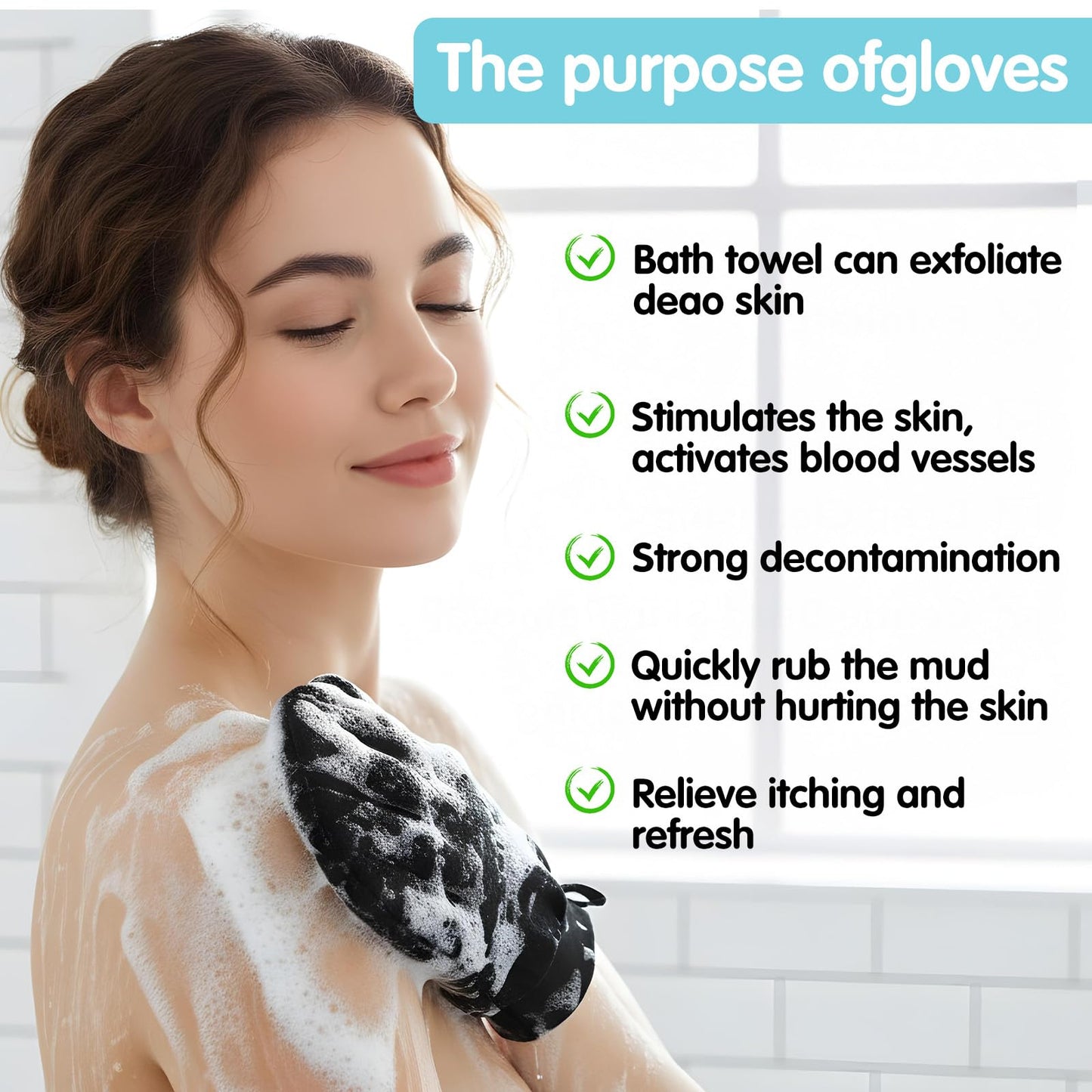 2 Pairs Exfoliating Mitt for Body, Double Sided Exfoliating Glove Body Scrubber, Heavy Shower Gloves for Bodys Scrub, Exfoliates & Removes Dead Ski, Asian Bath Massage Mitts for Women and Men, Black