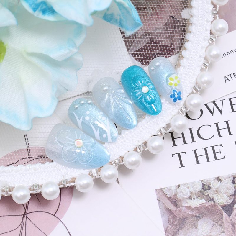 30Pcs Blue French Tip Press on Nails Short Almond Fake Nails 3D Flower with Pearl Glitter Full Cover Glue on Nails Summer Beach False Nails Artificial Reusable Cute Stick on Nail for Acrylic Manicure