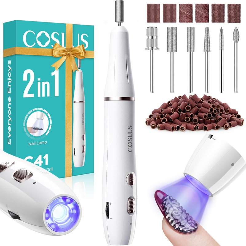 COSLUS Cordless Nail Drill Electric C41(END04): 2-in-1 Nail File with Flash Cure for Acrylic Gel Dip Powder Nails, Stepless Control for Beginner Home DIY, Portable & Professional Pedicure Kit