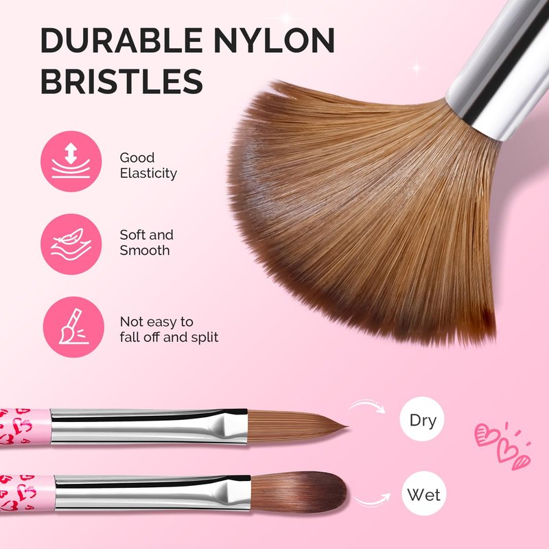 MelodySusie 3-Piece Acrylic Nail Brush Set - Sizes 8/10/14, Professional Nail Art Tool for Acrylic Application, Powder, Extension & 3D Carving - Pink