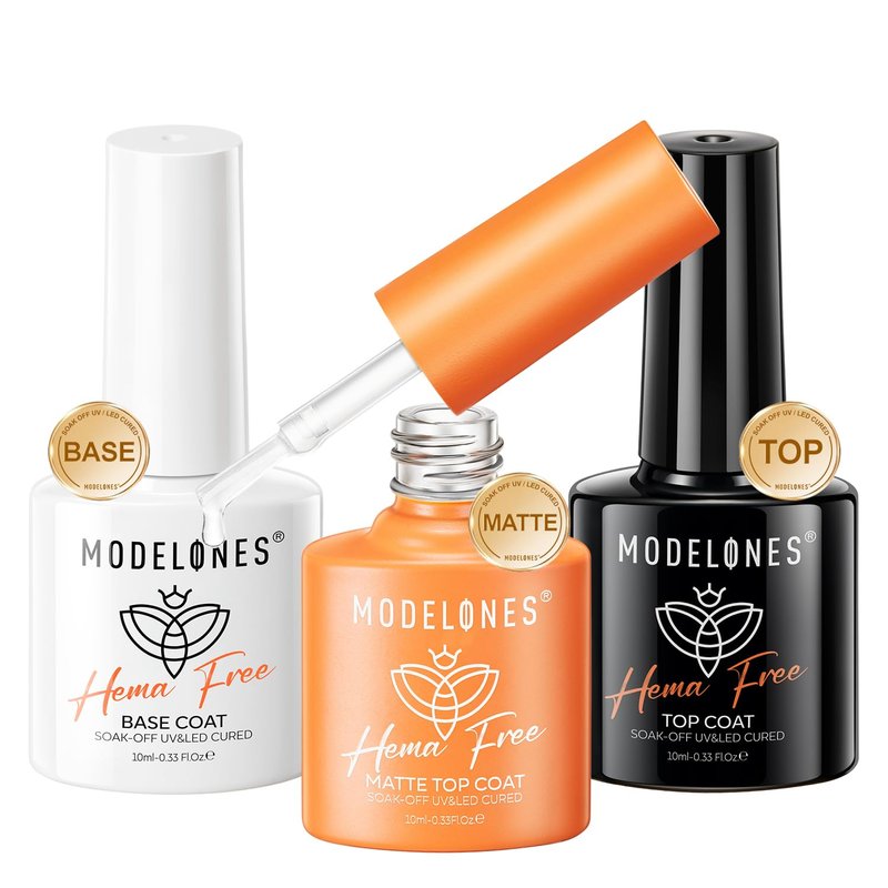 modelones Gel Base Top Coat Set with Matte Top Coat, 3 Pcs Hema Free Clear Glossy Velvet Base No Wipe Mattefor Summer Nail Polish Soak Off Lamp Art Home Salon Manicure