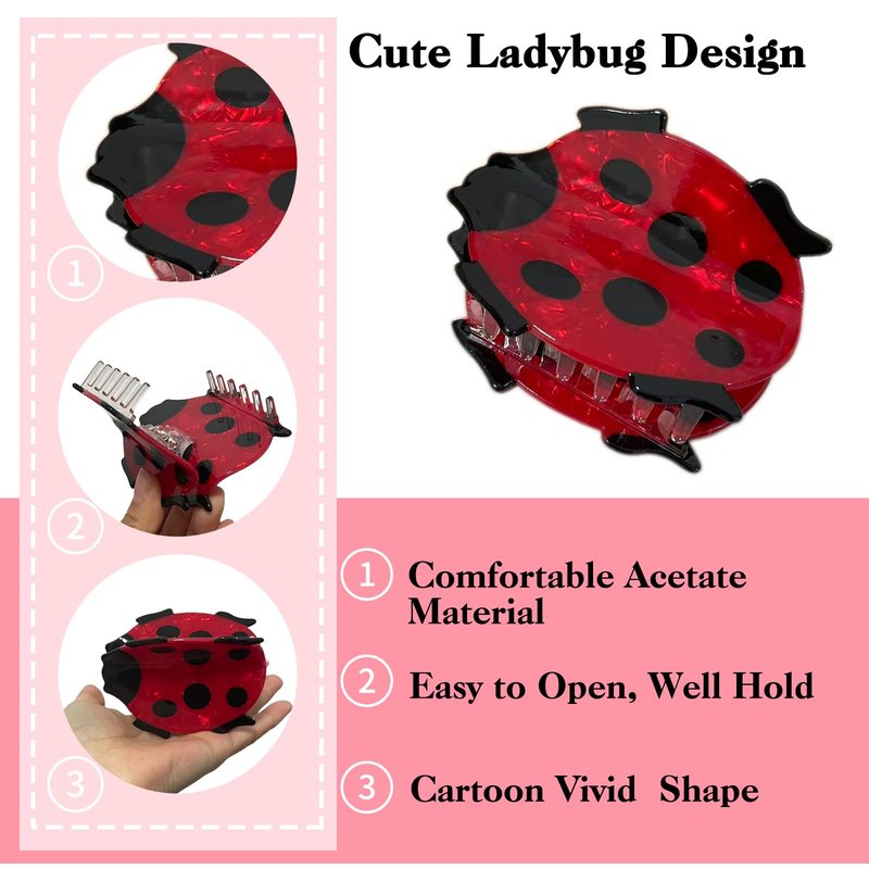 ELLOPH 1PC Ladybug Funny Hair Claw Clips for Women, Cute Fun Novelty Animal Hair Clip Accessories for Birthday Valentines Easter Mother's Day