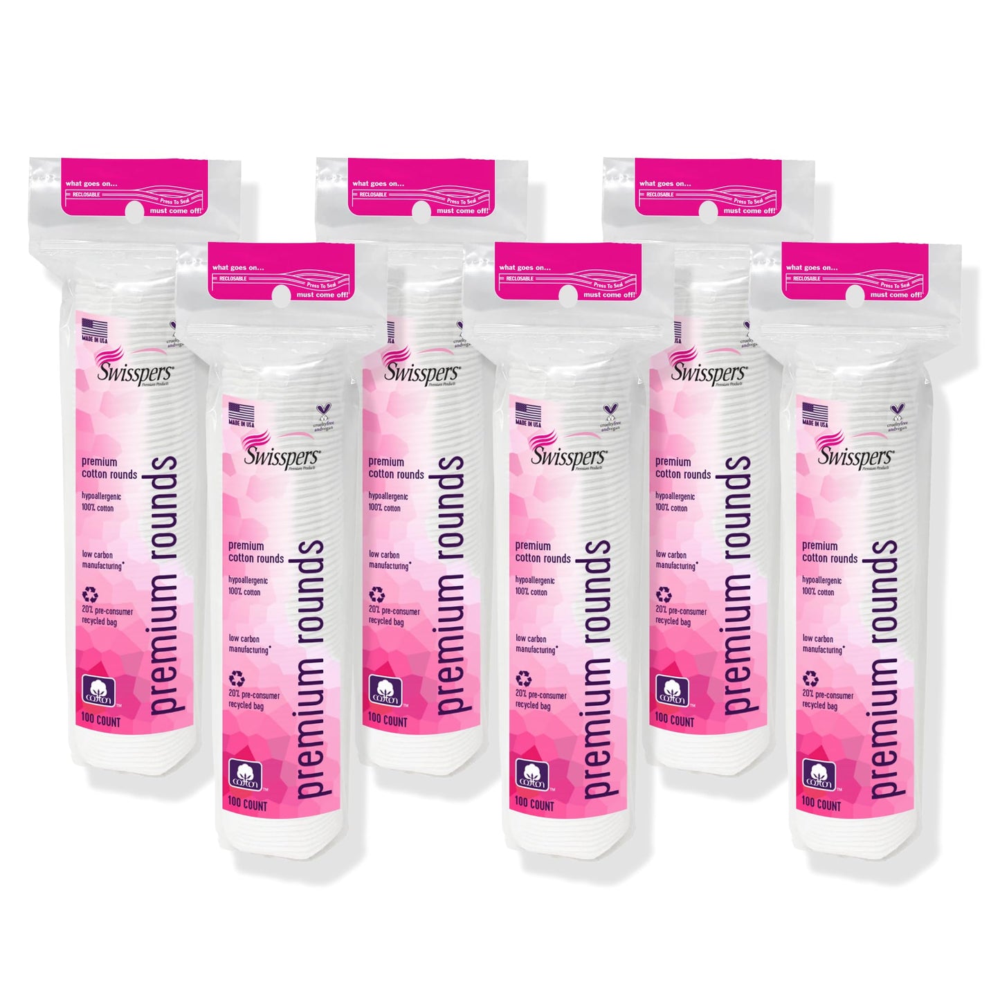 Swisspers Premium Cotton Rounds, Dual Sided Pads - 100 Pads (Pack of 6) - 100% Pure Chlorine-Free Cotton, Hypoallergenic & Dermotologist Tested - Cotton Pads for Makeup & Nail Polish Removal