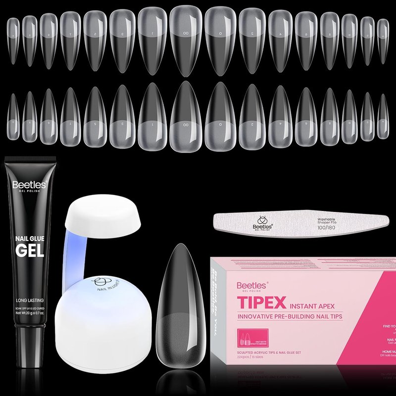 Beetles Tipex Instant Apex Nail Tips Kit - Medium Stiletto | 224 Pcs, 16 Sizes, Pre-Built & Pre-Etched with Glue & Mini Lamp