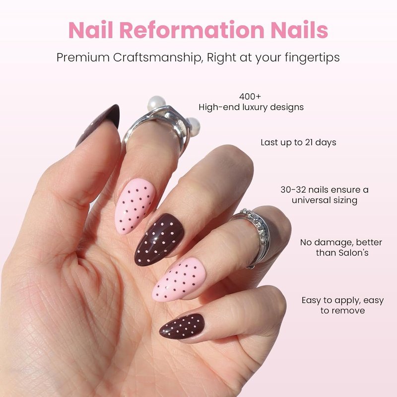 Nail Reformation Press On Nails - Double Dip Polka Dot Short Almond Fake Nails | Rich Brown & Creamy Pink, Glossy Finish, 16 Sizes - 32 Nail Kit for Women