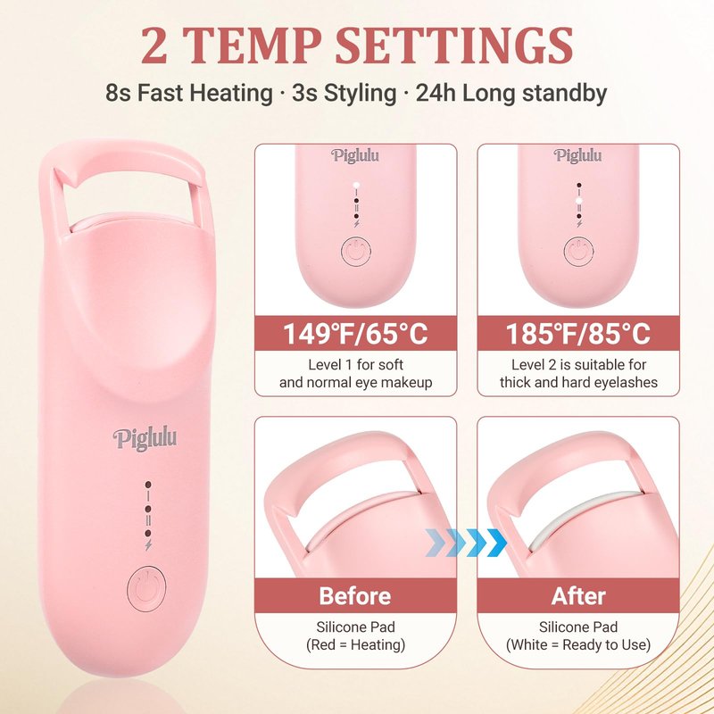 Heated Eyelash Curler, Mini Electric Eyelash Curler for Women with 5s Fast Heating & 24H Long-Lasting Curl, 2-Level Temp Control, Anti-Burn Silicone Pad, Portable Type-C Charging