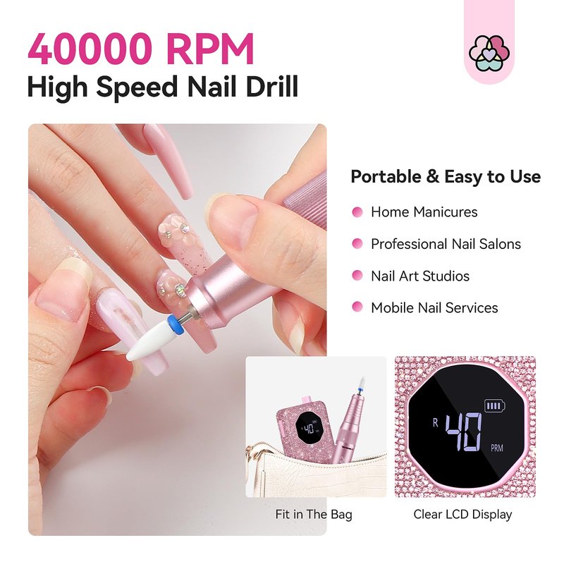SAVILAND Professional Nail Drill 40000 RPM: Portable Electric Nail Drill Kit File Machine with Ceramic Nail Bit Sanding Bands for Quick Acrylic Removal Manicure Salon Home Use, Pink Diamond