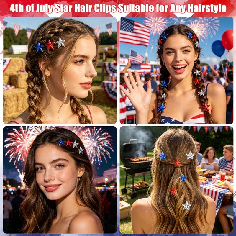 Red White Blue Mini Star Hair Clips 15 Pcs Patriotic 4th of July Hair Accessories for Women Y2K Acrylic Snap Hair Barrettes for Braids Dreadlocks, Independence Day USA Flag Hair Pins for Party Decor