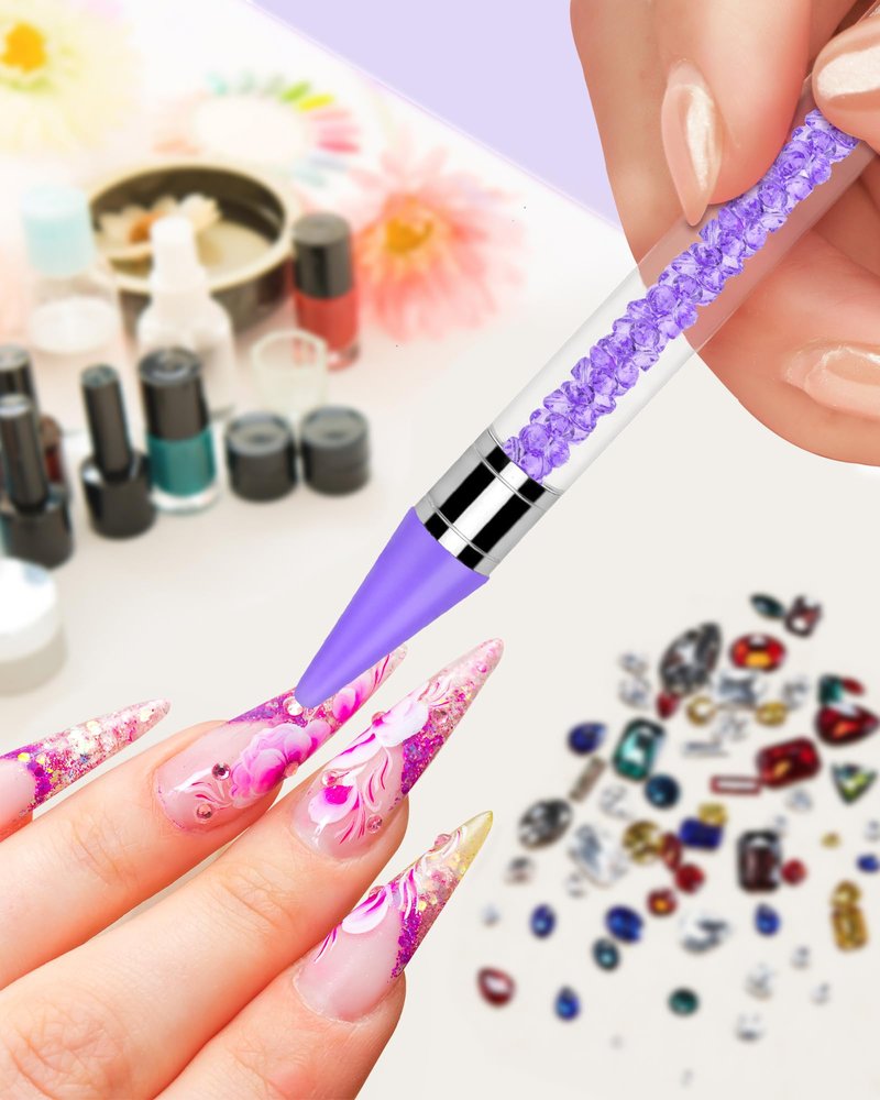 Rhinestone Picker Tool Set,Rhinestone Applicator Tool,Rhinestone Picker Dotting With 4 Extra Purple Replaceable Wax Head and 2 Tweezer (Purple)