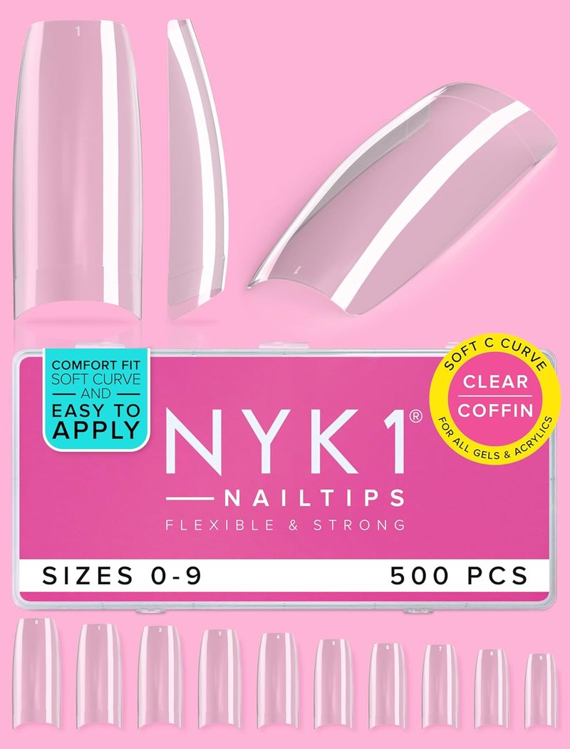 NYK1 Coffin Nail Tips - Crease-Proof & Shatter-Resistant | 500 PCS in 10 Sizes for Easy Gel & Acrylic Extensions