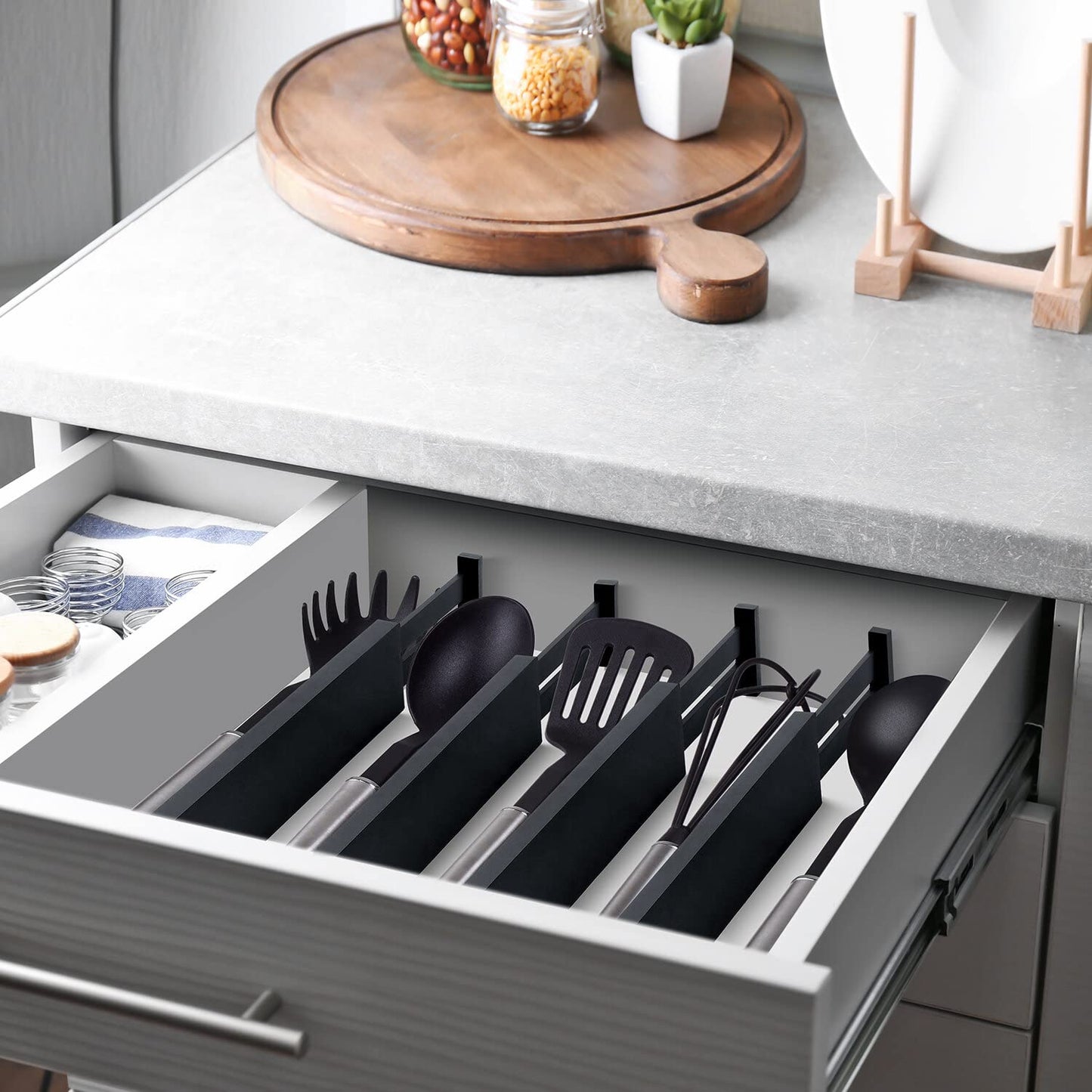 4 Pack Bamboo Drawer Dividers 2.6" High, Adjustable Length from 12 Inch to 17 Inch, Expandable Kitchen Drawer Organizer Separators for Clothes, Kitchen, Bedroom, Dresser, Office (Black)